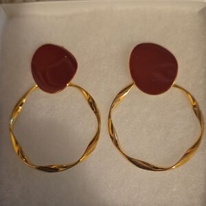 Gold Hoop Earrings with Burgundy Accent Top - Women Jewelry